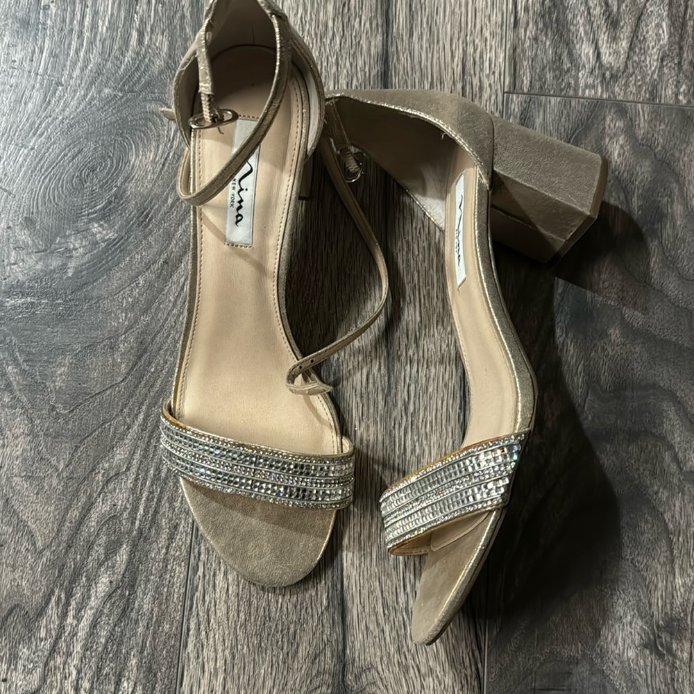 Nina New York block heels, champagne and rhinestones